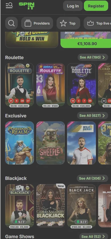 Spinit mobile casino interface on a smartphone screen