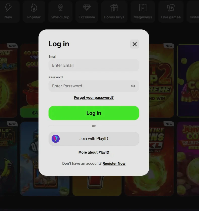 Spinit Casino login screen on desktop browser