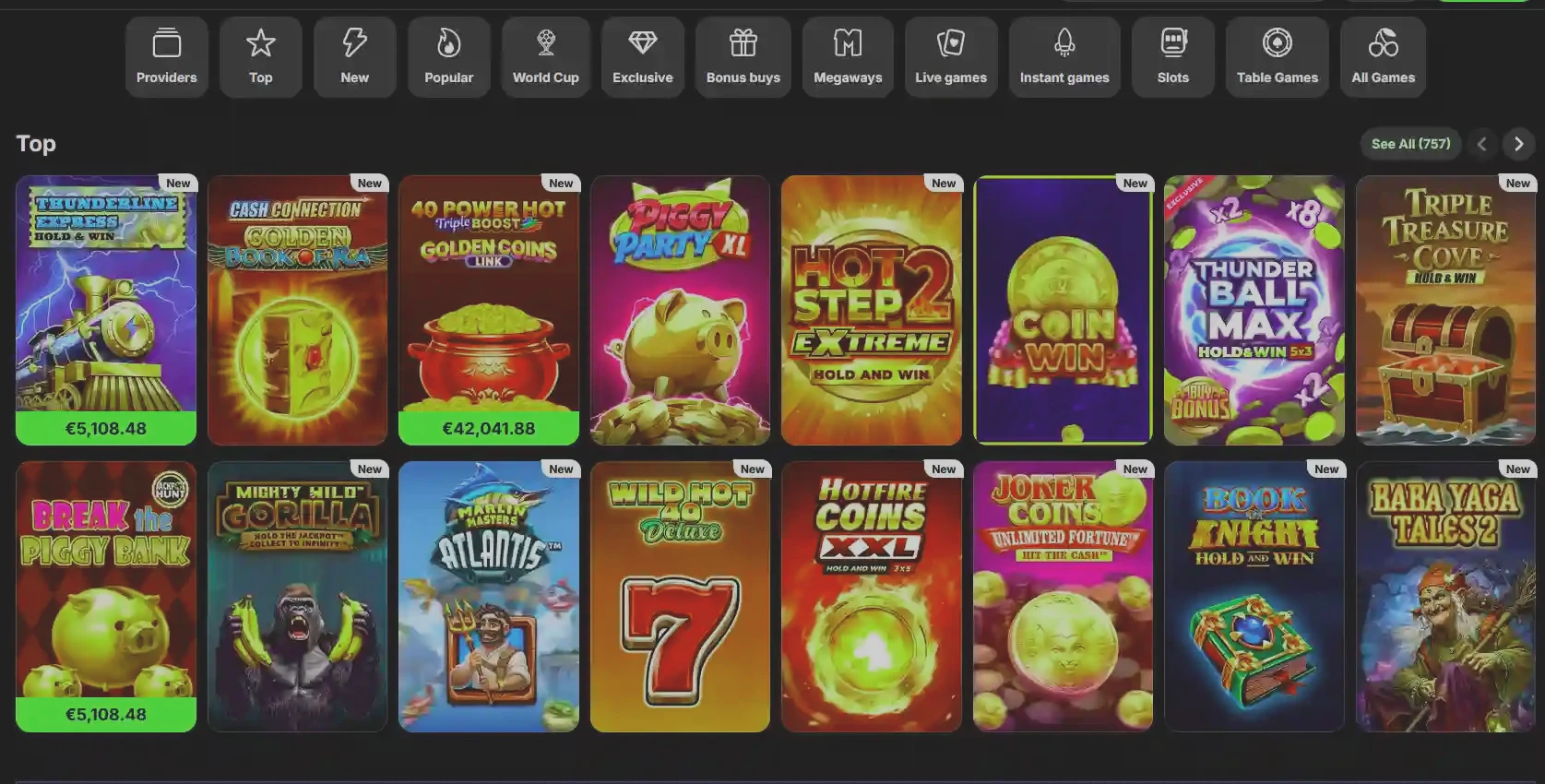 Spinit Casino pokies lobby with Megaways and bonus-buy slot titles
