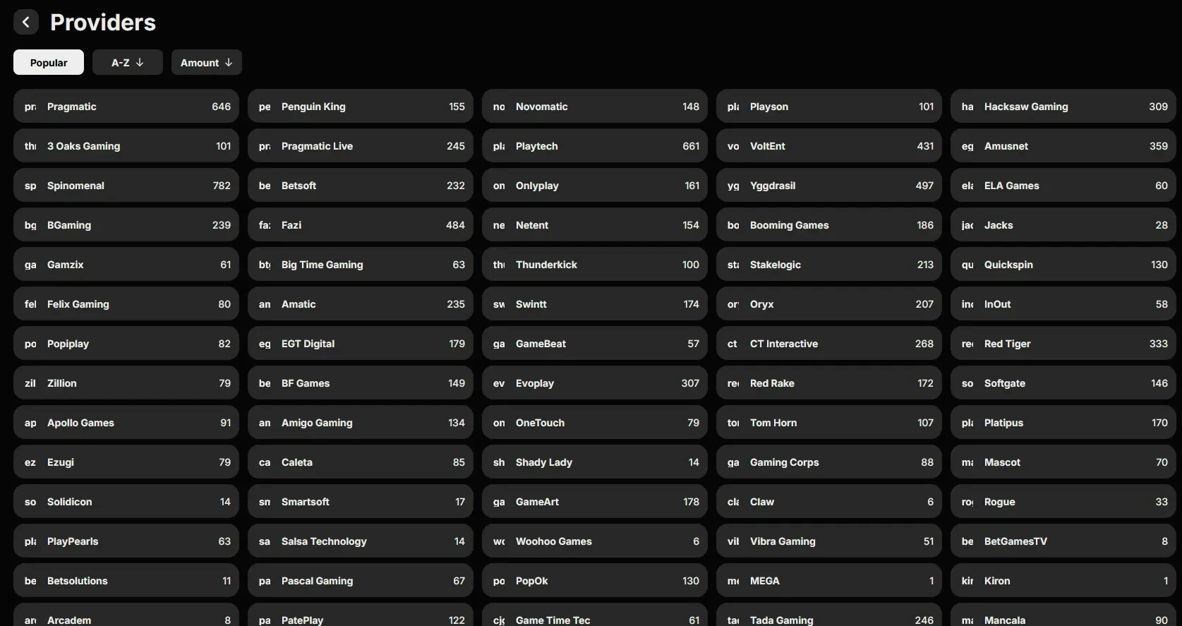 Spinit Casino game provider filter listing Pragmatic Play, Evolution Gaming and other studios
