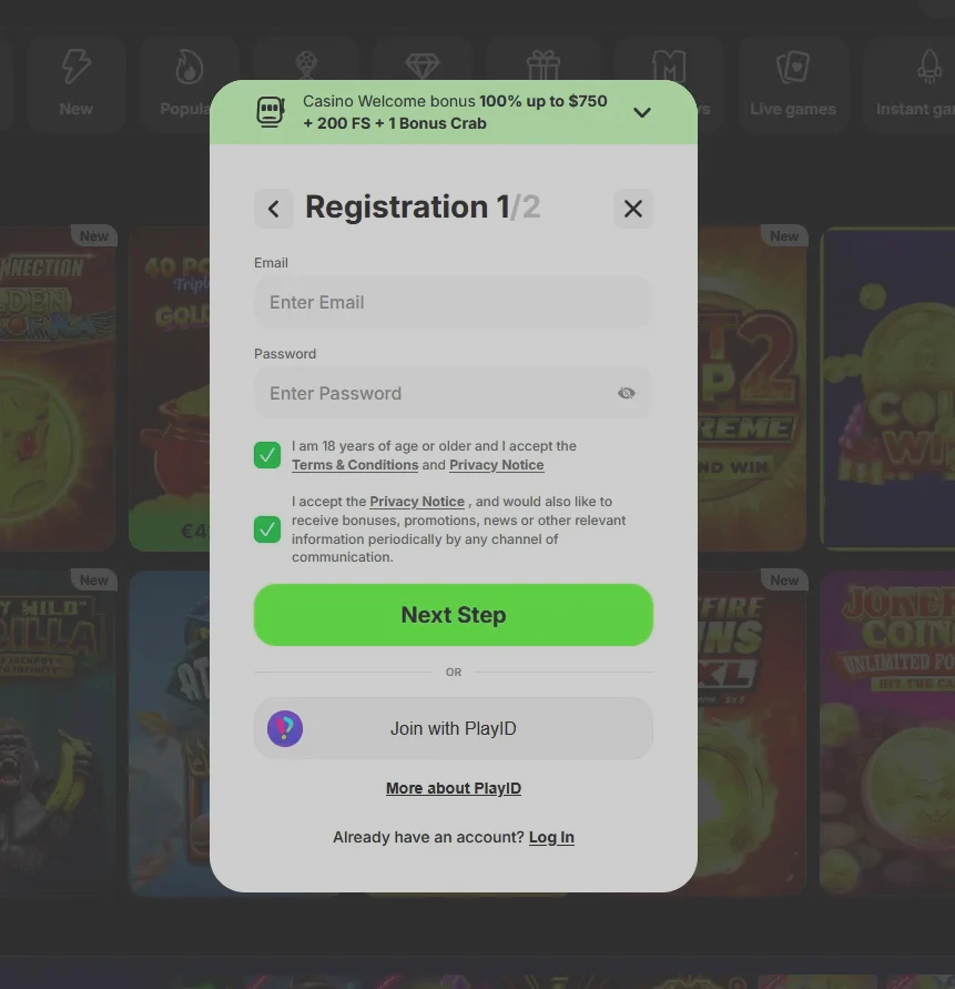 Spinit Casino account registration form